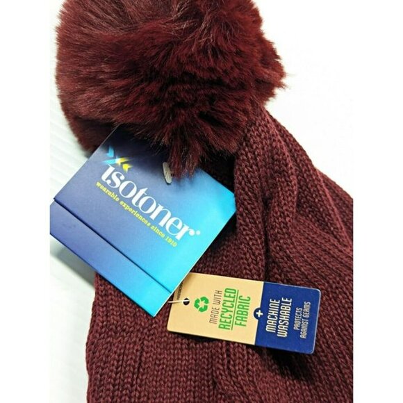 Isotoner Signature Women's Plum Reflective Stripe Pom Beanie O/S (MSRP $36) - Picture 3 of 6